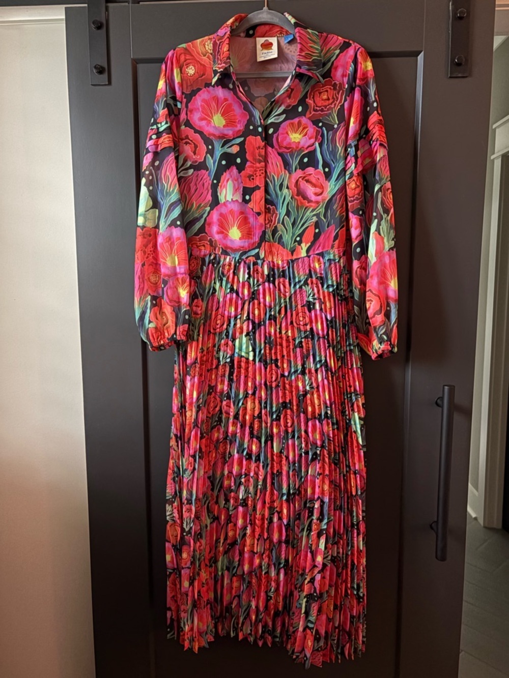 FARM Rio x Anthropologie Black Dress with Bright Pink & Green Floral Print